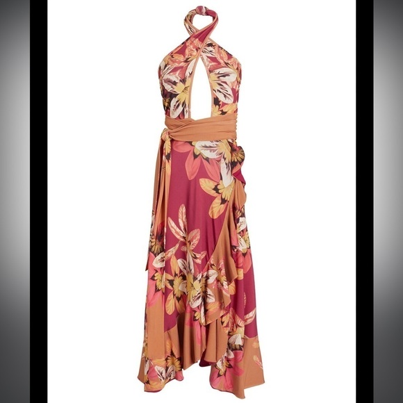 PatBo- Multicolored Floral Jersey Carmen halter Midi Wrap Dress - Picture 2 of 6